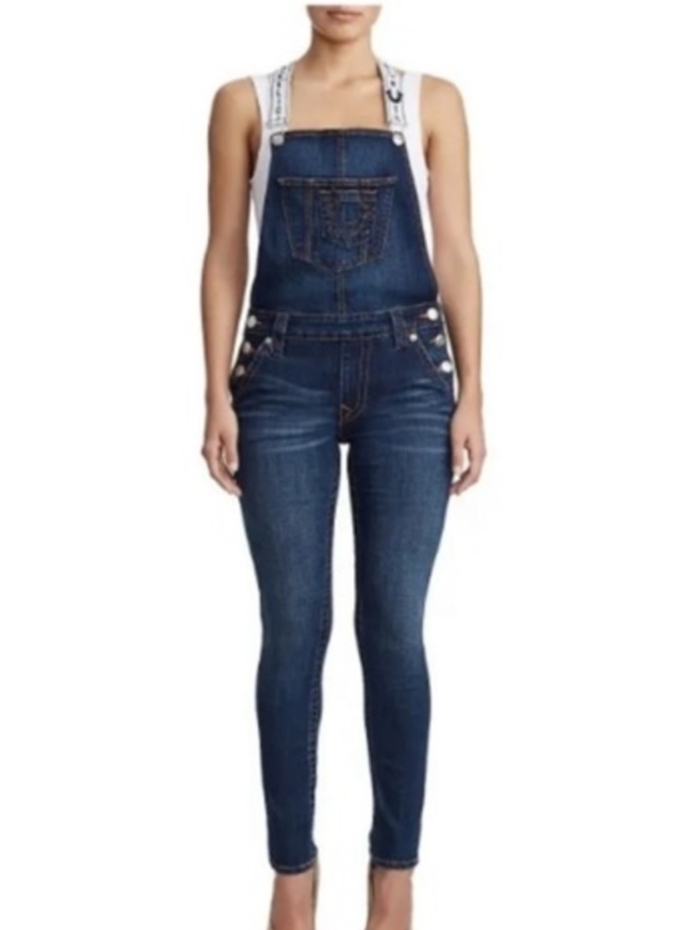 True Religion Signature Logo Strap Denim Overalls Stretch Skinny Leg Size XL EUC